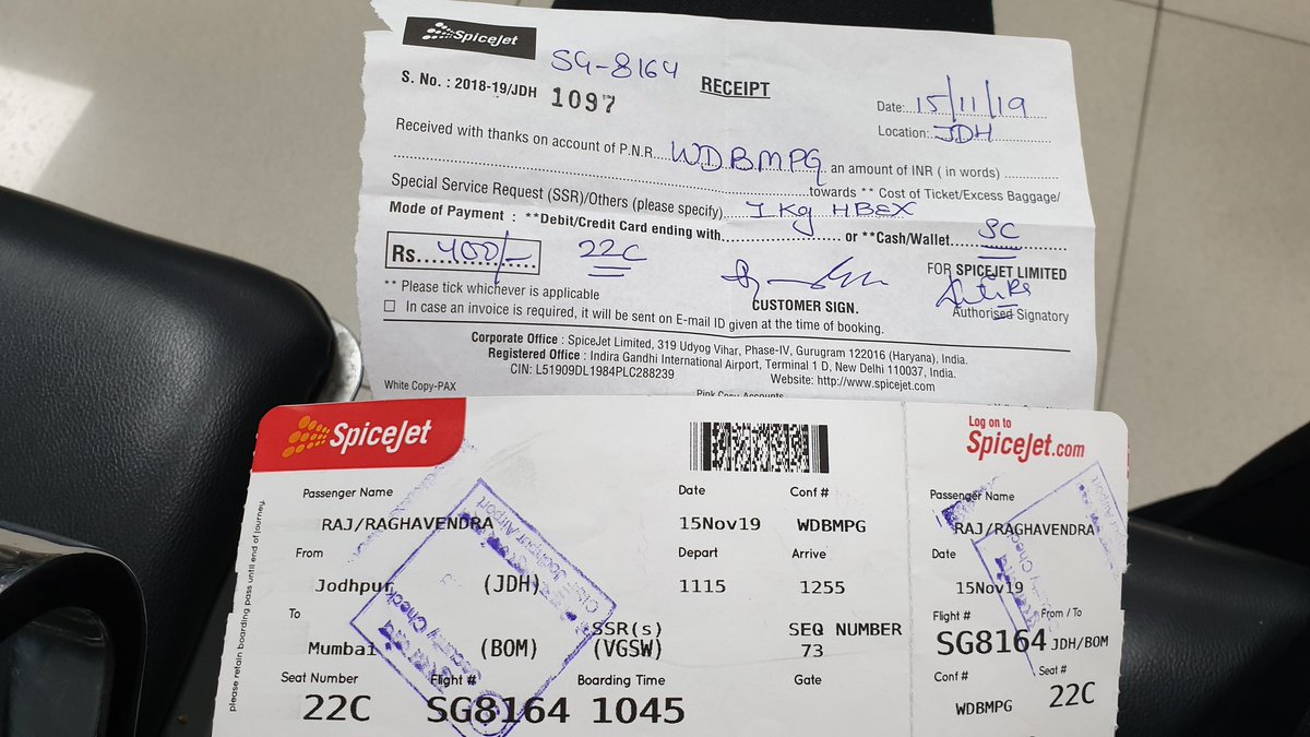 raghuraj_28's tweet photo. Travelling from Jodhpur to Mumbai, I was charged for 1kilo excess baggage in hand luggage of Rs.400/-, while I didnt even have a checkin luggage.Extreme rude and uncourtieous behaviour by your spicejet staff. #flyspicejet @flyspicejet Worst flying experience ever https://t.co/fmnlBeHNQP
