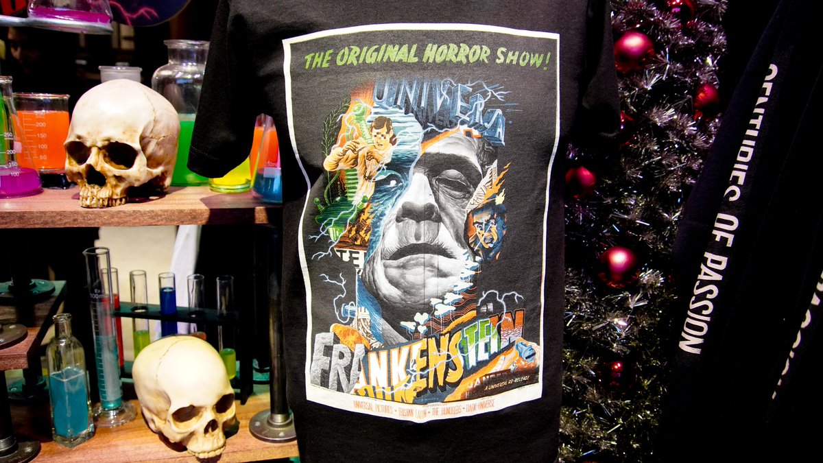 Frankenstein and Bride of Frankenstein shirts based on a Universal Studios Hollywood backlot mural. $40
