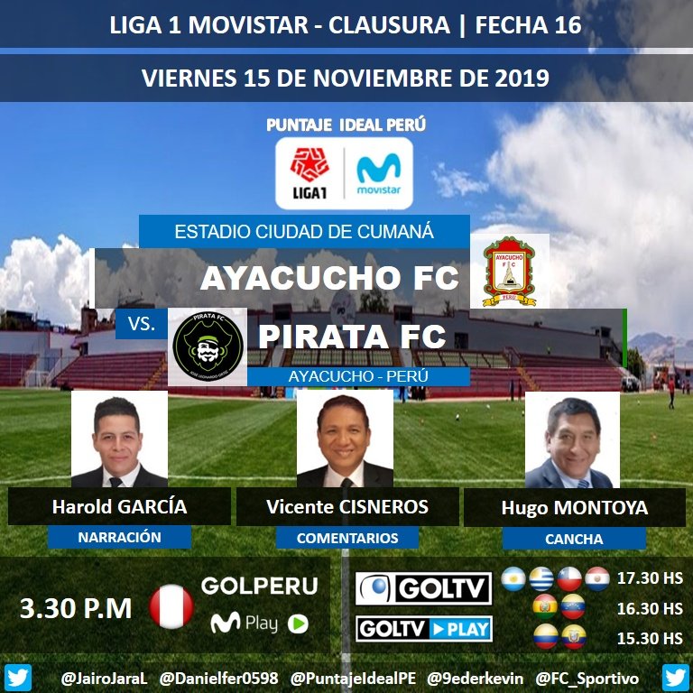 PuntajeIdealPE's tweet photo. ⚽ #Liga1Movistar 🇵🇪 | #AyacuchoFC vs. @PirataFC2019
🎙 Narración: @haroldgad
🎙 Comentarios: @vicentgol
📝 Cancha: #HugoMontoya
📺 @GOLPERUoficial - @GolTV
💻📱#MovistarPlayPerú - #GOLTVplay
🤳 #LIGA1MOVISTARxGOLPERU
Dale RT 🔃 https://t.co/yBOLozi2XR