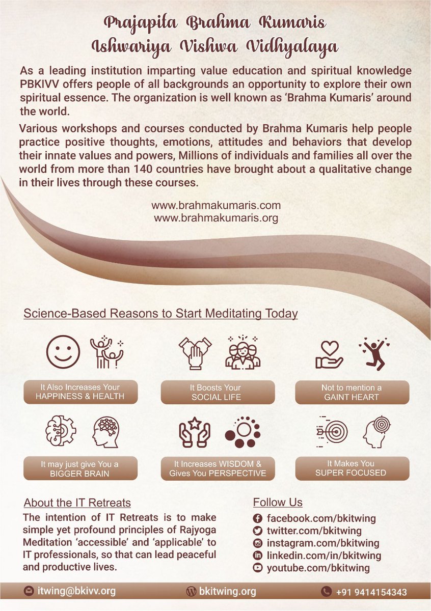 bkitwing's tweet photo. The #ITWing of the Rajyoga Education and Research Foundation aims at bringing about #InternalTransformation in the #professionals especially from IT & allied #industries to #empower, #enlighten & equip them to lead a more #peaceful life.
The updated #brochure is here.
#bkitwing https://t.co/trCYtgrwqp