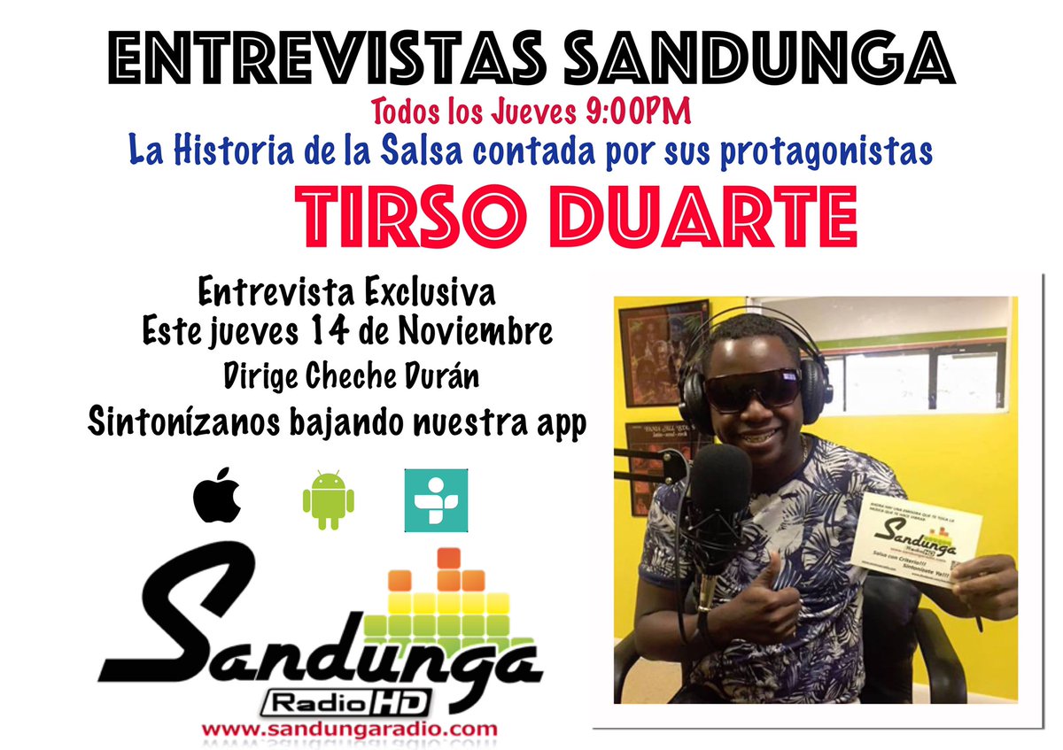 En minutos empezamos Entrevistas Sandunga.
*1. Por Tunein (Sandunga Radio)*
2. A través de nuestra web:*
sandungaradio.com
3. Descargando nuestra App para Android:*
play.google.com/store/apps/det…
4. Descargando nuestra App para iPhone:*
apps.apple.com/gb/app/sandung…