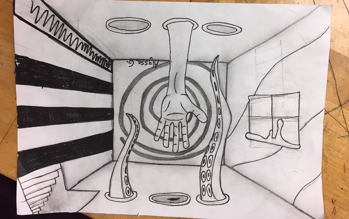 NathansonTed's tweet photo. A seventh grader took home her Impossible Room project after the day we started studying Perspective and brought this back today:
#noms https://t.co/tPvBYqjG6T