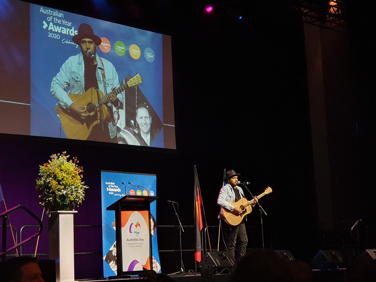jb_bays's tweet photo. Brother @NathanMayMusic and sister Taylor Power dedicating their performance to Kumunjayi Walker at the @AustraliaDaySA lunch. @IndigenousX https://t.co/jgADKb8lCw