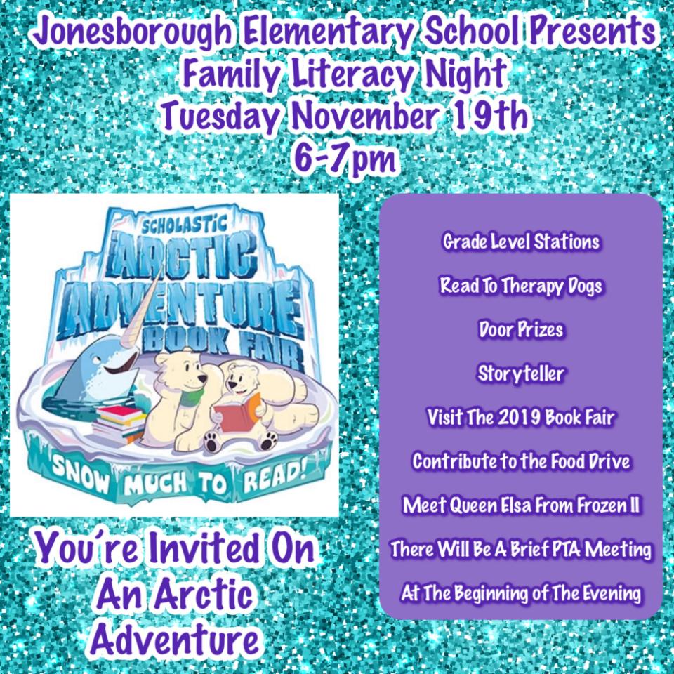 ❄🐧⛄🌨🗻
The Arctic Air is blowing an ARCTIC ADVENTURE our way!!! Family Literacy Night is Tuesday, November 19th from 6-7pm!!! Bundle up and join us for a great family event!!!