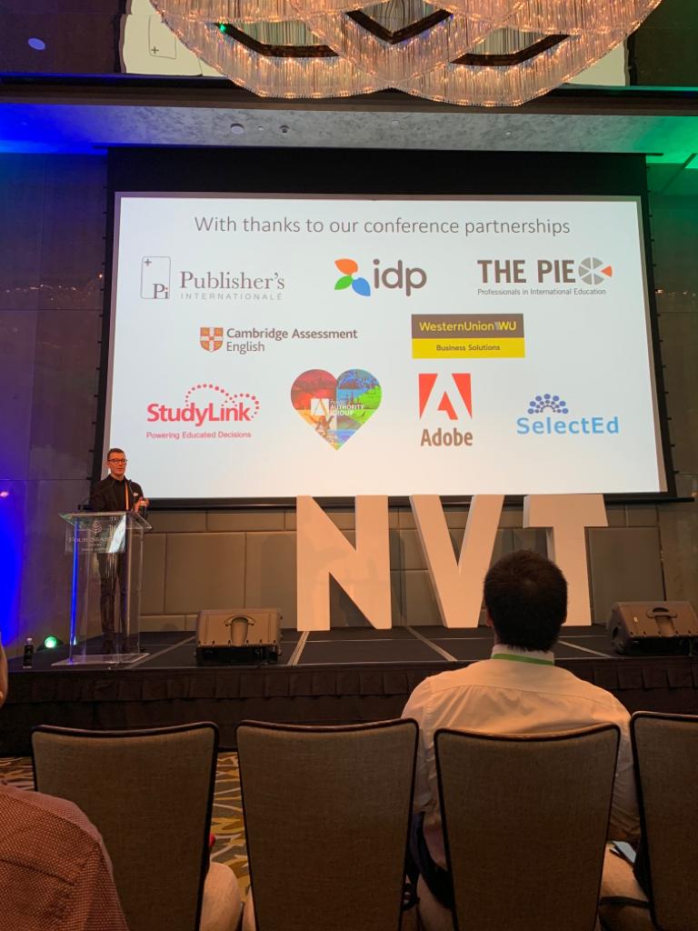 PubIntlAu's tweet photo. Pi CEO Charlton at 2019 Navitas Global Education Conference in Kuala Lumpur as keynote speaker. Presented new research by Pi , helping understand students in the socio-pol. environment using a media planning lens. #pi https://t.co/m3oZeBdYSp