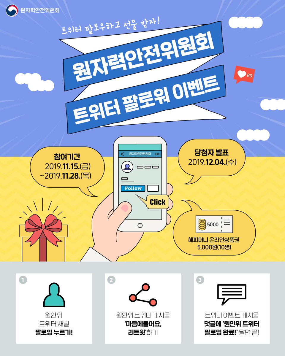 [원안위 트위터 이벤트] 트위터 팔로우하고 선물 받자!

11월 원안위 트위터 이벤트 참여하고 선물도 받아요😊 
원안위 트위터 게시물에 '마음에들어요, 리트윗'하고! 
이벤트 게시물에 '원안위 트위터 팔로잉 완료' 라고 댓글 달면 끝! 많은 관심과 참여 바랍니다😍
#원안위 #트위터 #이벤트 #상품권