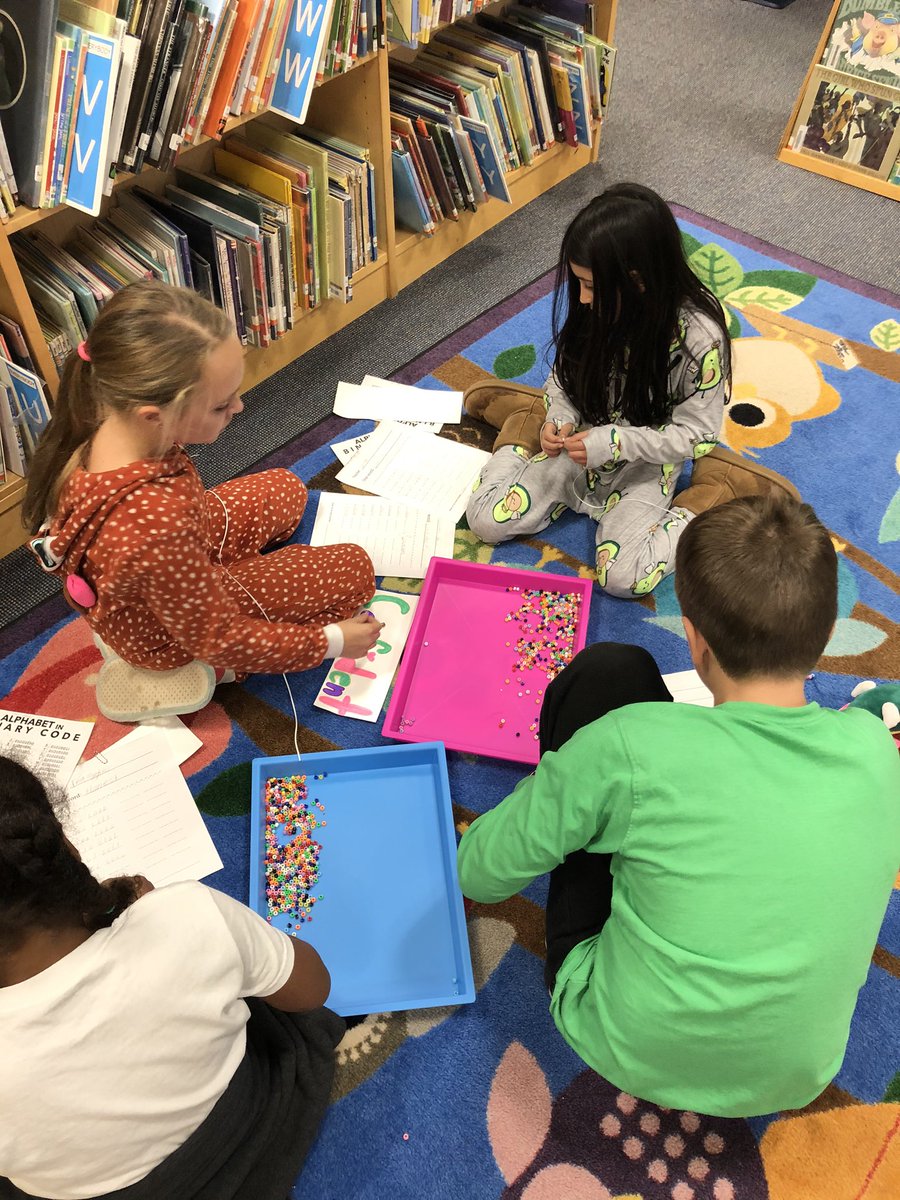 braeburnlibrary's tweet photo. 5th graders making binary code bracelets as we learn about Grace Hopper, and the initiation of modern computers. #HourOfCode @BraeburnBobcats https://t.co/T0Wq55vVM4