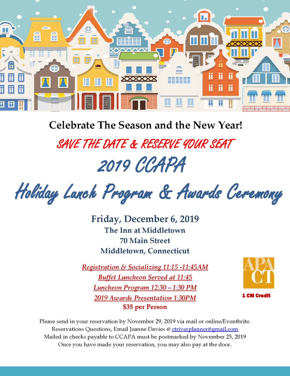 Please join us on Dec 6 for the annual holiday luncheon and awards ceremony.  We will also welcome <a href="/UConn/">UConn</a> Climate Corps and a presentation from Bruce Hyde.  We look forward to seeing you as we celebrate the very best in planning from 2019!