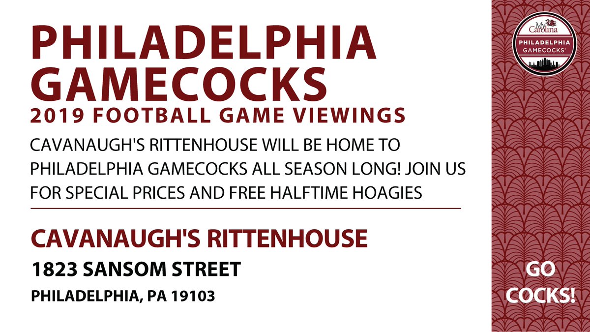 PhillyGamecocks's tweet image. Join us Sat. 11/16/19 for the SC-Texas A&amp;amp;M Game Viewing at @cavsrittenhouse at 7:30 PM! #UofSCAlumni #PhillyGamecocks #BeatTAMU #ForeverToThee #SpursUp
facebook.com/events/2487064…