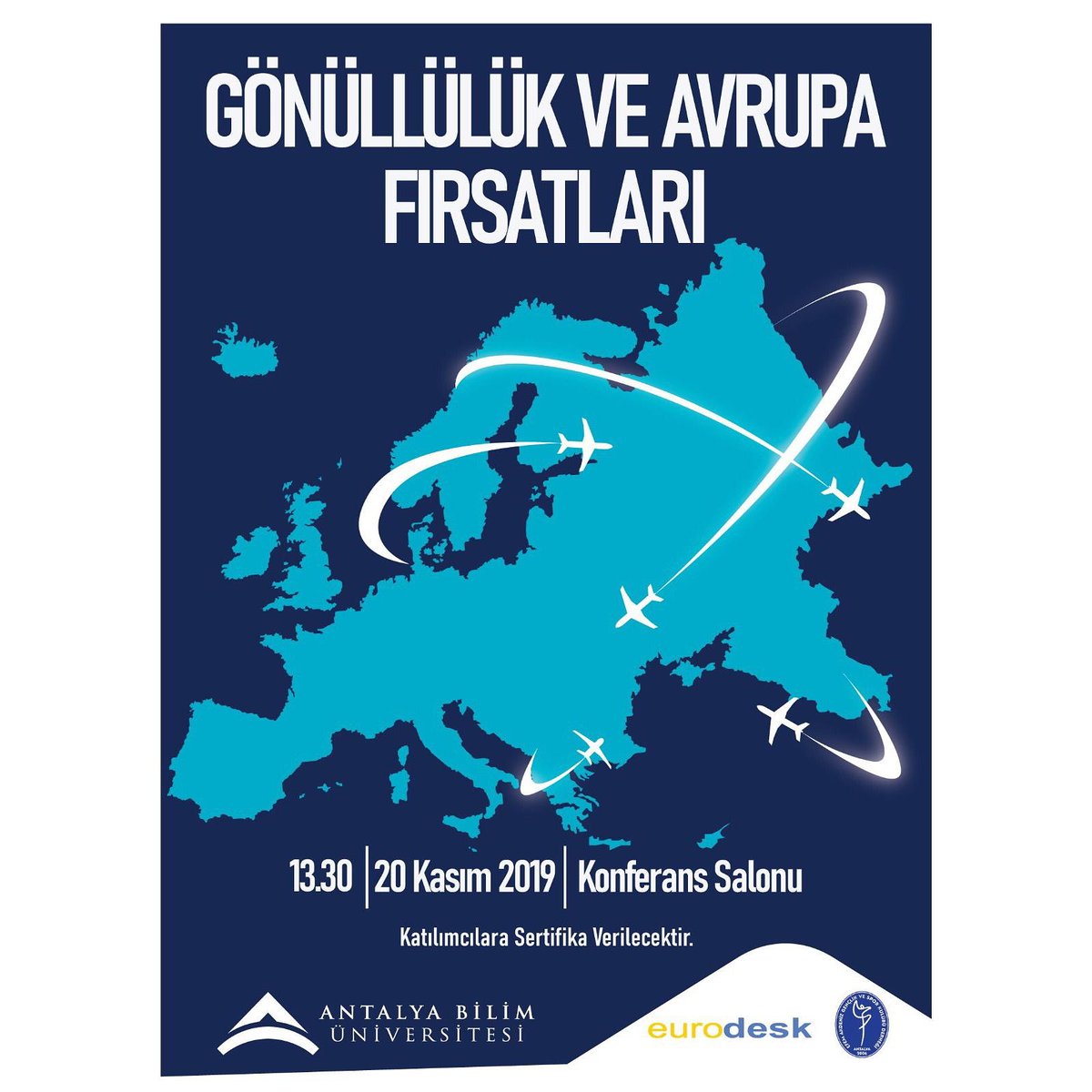 20.11.2019'da Erasmus+ Koordinatörlüğü'nce organize edilen"GönüllülükveAvrupaFırsatları"bilgilendirme toplantısına tüm öğrencilerimiz davetlidir.Etkinlik sonunda"KatılımSertifikası" dağıtılacaktır. 
Yer: ABÜKonferansSalonu
Kayıt:13:00-13:30
Toplantı Saati:13:30-16:30 #ErasmusPlus