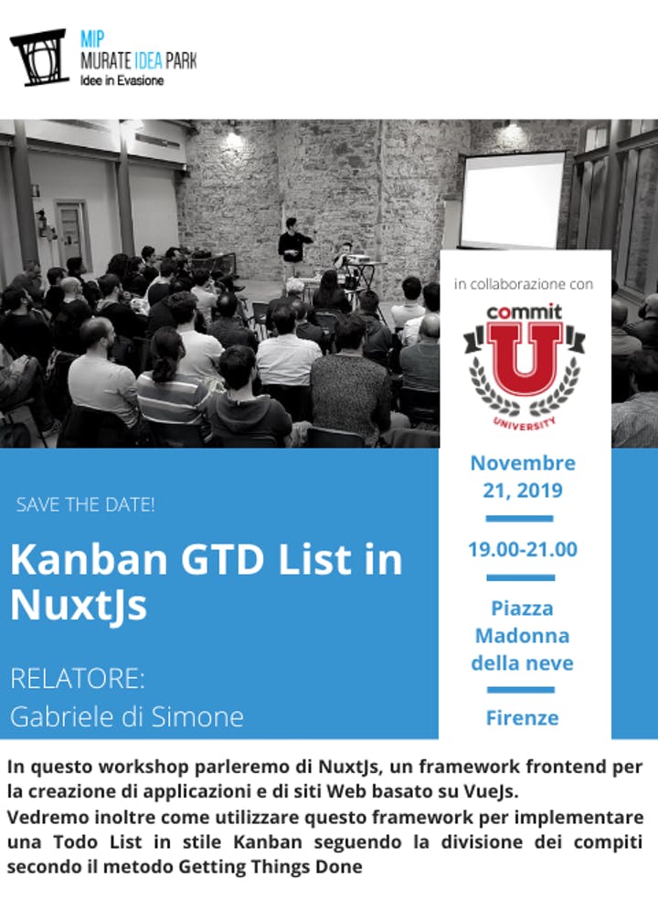 murateideapark's tweet image. Giovedì 21 novembre torna al @murateideapark la #CommitUniversity!
Questa volta nel #workshop organizzato da @CommitSoftware si parlerà di NuxtJs, un framework frontend per la creazione di applicazioni e di siti web.
Scopri di più ed iscriviti qui ⤵️
lnkd.in/dddppQk