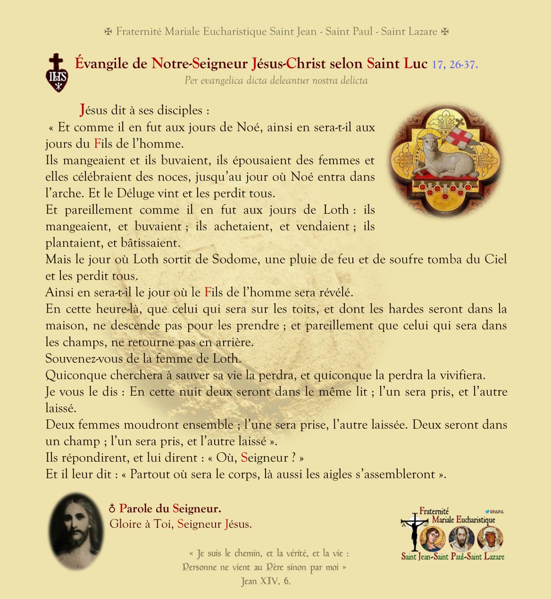 IRFMx's tweet photo. L’#Évangile du #jour :
#Jésus dit à ses #disciples : « #Quiconque #cherchera à #sauver sa #vie la #perdra ; et quiconque la perdra, la #sauvera ». https://t.co/9kYLEeoHNZ