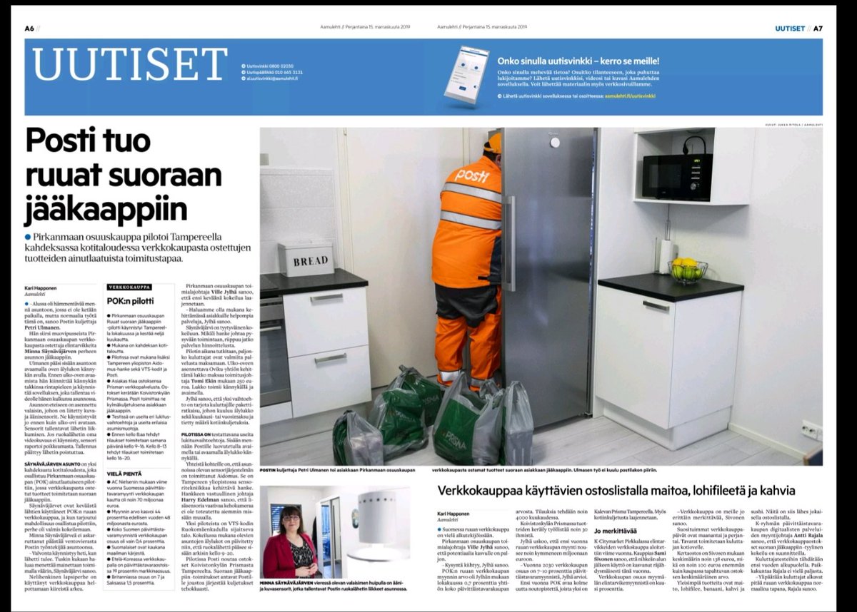 <a href="/VTSkodit/">Tampereen Vuokratalosäätiö sr</a>  #hyvänelämänalusta
Olemme mukana kehittämässä uutta pilottihankkeessa, jossa Pirkanmaan Osuuskauppa kuljettaa asukkaan tilaamat ostokset suoraan jääkaappiin - eikä asukkaan välttämättä tarvitse olla kotona! @TampereUni <a href="/OmassaKaupassa/">Pirkanmaan Osuuskauppa</a> <a href="/Postigroup/">Posti</a> <a href="/aidomus/">AIDOMUS</a> <a href="/aamulehti/">Aamulehti</a>