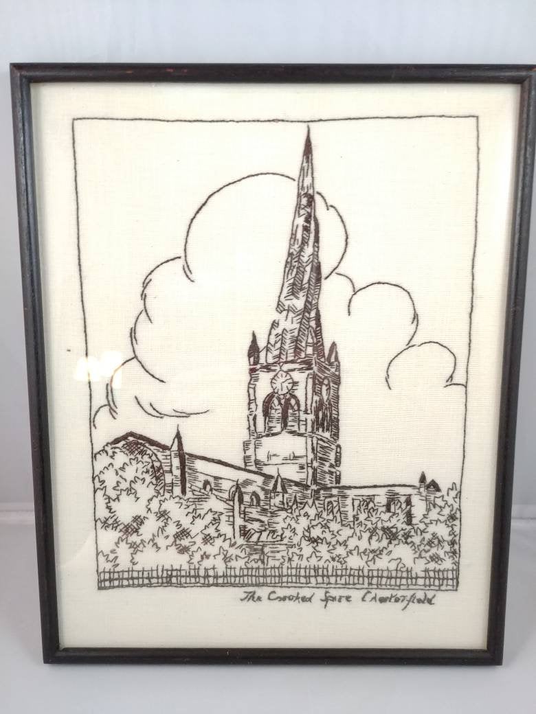 Vintage Embroidery Picture of the Crooked Spire Chesterfield England etsy.me/2Ofu0XH #fiberart  #england #vintageneedlepoint #embroiderypicture  #bettysattictreasures