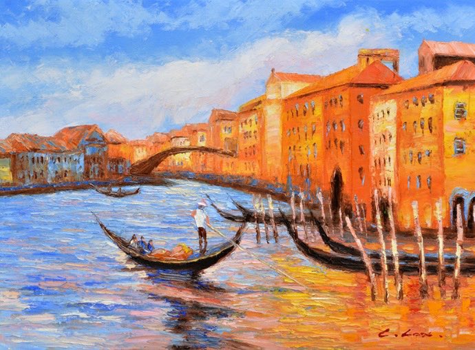 水の都ベニス　油絵 ベニス。水の都、世界遺産にもなっています。道路ではなくて水路の生活