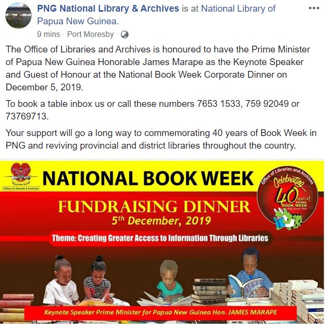 equanimity500's tweet image. . @ALIANational #libtech19  The #PNGBookWeek2019 corporate dinner December 5 will be attended by #PNG Prime Minister James Marape. #bookweek