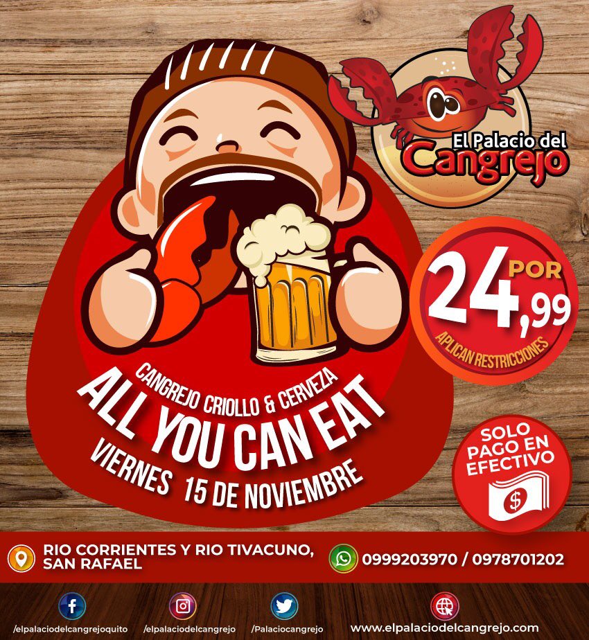 ESTE VIERNES 15 DE NOVIEMBRE
ALL YOU CAN EAT
EN CANGREJO CRIOLLO 🦀🦀🦀🦀🦀
Y SOFT DRINKS Y CERVEZA 🍻🍻🍻
Promoción Aplica TODO EL DÍA
(SOLO EFECTIVO)
#elpalaciodelcangrejoquito
#allyoucaneat
#cangrejoycerveza
#cangrejoysoftdrinks