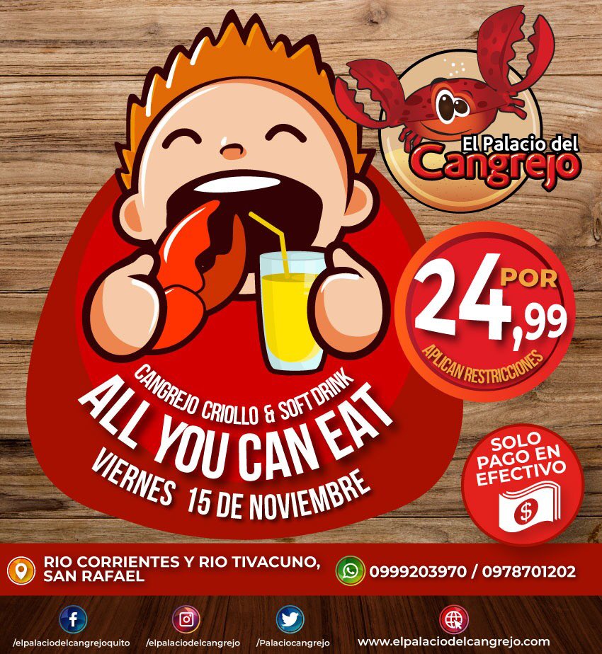 ESTE VIERNES 15 DE NOVIEMBRE
ALL YOU CAN EAT
EN CANGREJO CRIOLLO 🦀🦀🦀🦀🦀
Y SOFT DRINKS Y CERVEZA 🍻🍻🍻
Promoción Aplica TODO EL DÍA
(SOLO EFECTIVO)
#elpalaciodelcangrejoquito
#allyoucaneat
#cangrejoycerveza
#cangrejoysoftdrinks