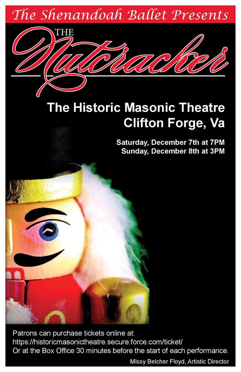 ShenandoahBalle's tweet photo. Shenandoah Ballet's Nutcracker returns to @MasonicTheatre in @CliftonForge1 Dec 7-8
@CliftonForgeVa @ahedc @AlleghanyCOC 
#nutcracker 
#shenandoahballet
#alleghanyhighlands https://t.co/YsBx3eCKKf