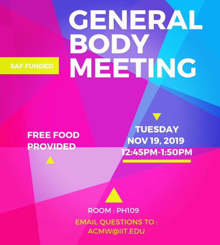 iit_acmw's tweet image. Check out our FINAL GBM for the semester this TUESDAY during lunch hour!! Stop by PH109 at 12:45pm for some free food and information on how to get involved in ACM-W!