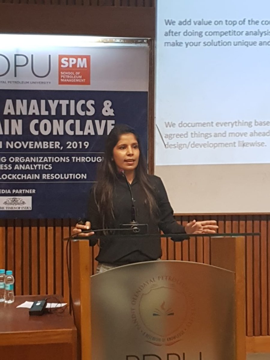 Ms. Yesha Goyal linked the importance of  BA to the lean structure of the organization. We are grateful to her for sharing her leadership skills that will make us future ready. #spmpdpu #businessanalyticsandblockchain2019 #day1 #track1.<a href="/TOIIndiaNews/">TOI India</a> <a href="/IntuzHQ/">Intuz</a>