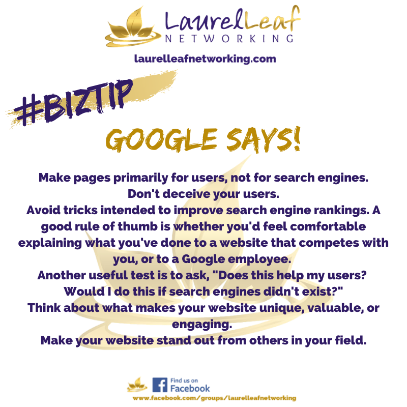 LaurelLeafChat's tweet image. 🍁👑𝓑𝓘𝓩 𝓣𝓘𝓟👑
#google #googleguidelines #seo #webmaster #googlesays #smallbusinessowners #marketing #branding #yourbrand #biztip #authenticity #website #searchengines #laurelleafnetworking #businessbranding #webmastertools #entrepreneurs #websitebuild #webdesign