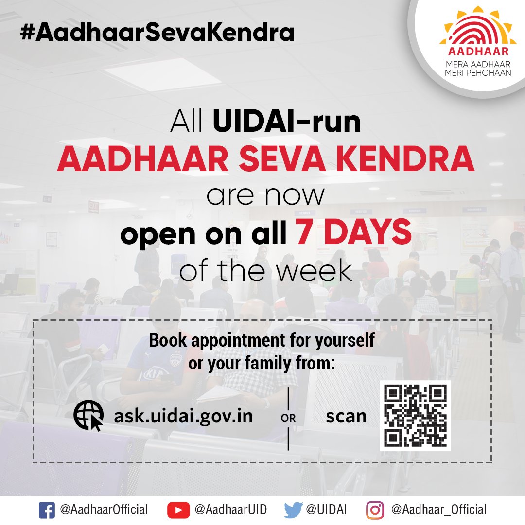 UIDAI's tweet photo. UIDAI-run #AadhaarSevaKendra now open all 7 days. 
These centres have capacity to service up to 1000 Aadhaar enrolment or update requests per day. Visit an #ASK today to experience Aadhaar services in a state-of-the-art environment. Book appointment from: https://t.co/QFcNEqehlP https://t.co/2JflucB90W