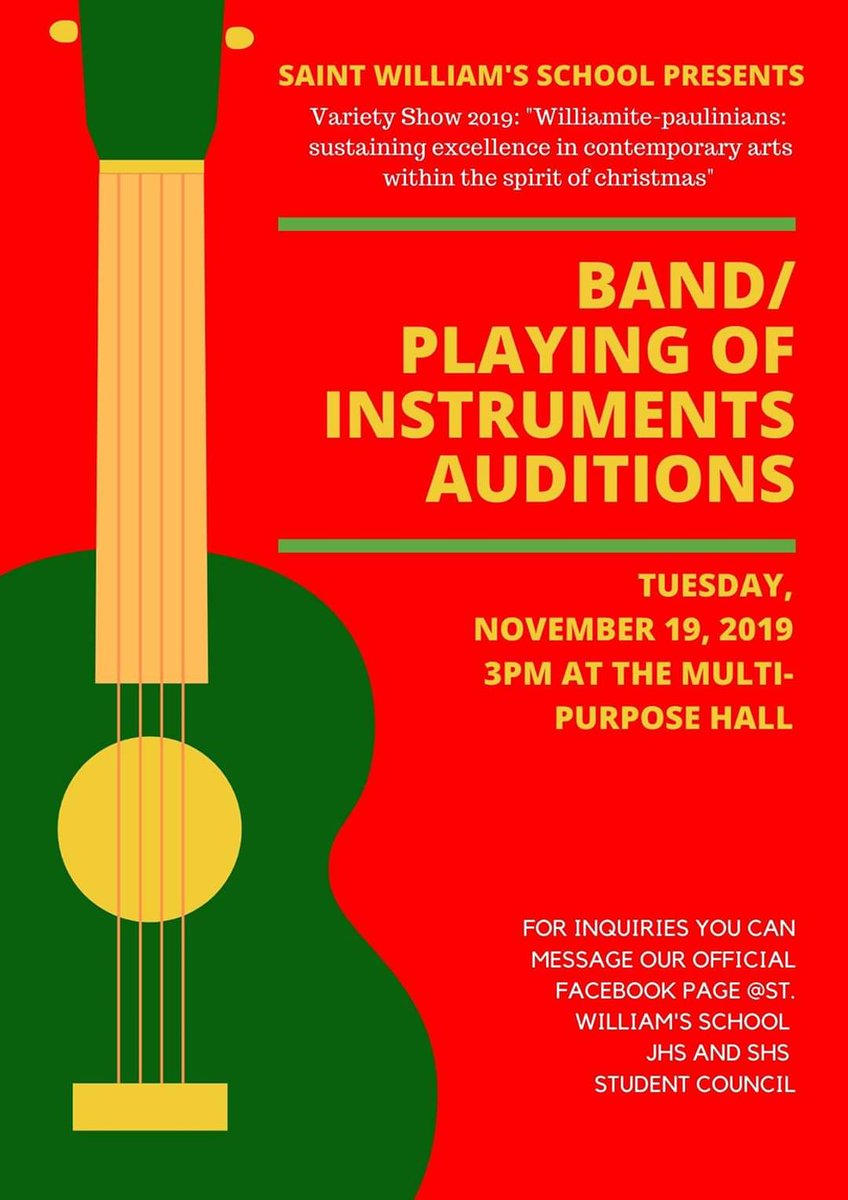 SWSSC1920's tweet photo. HELLO WILLIAMITES!

Here are the schedules for the other categories/talents you can audition to:

Please take note of the following dates. For inquiries kindly message the JHS or SHS Facebook page. Thank you and have a great weekend!

💙 https://t.co/XphkiqrVD8