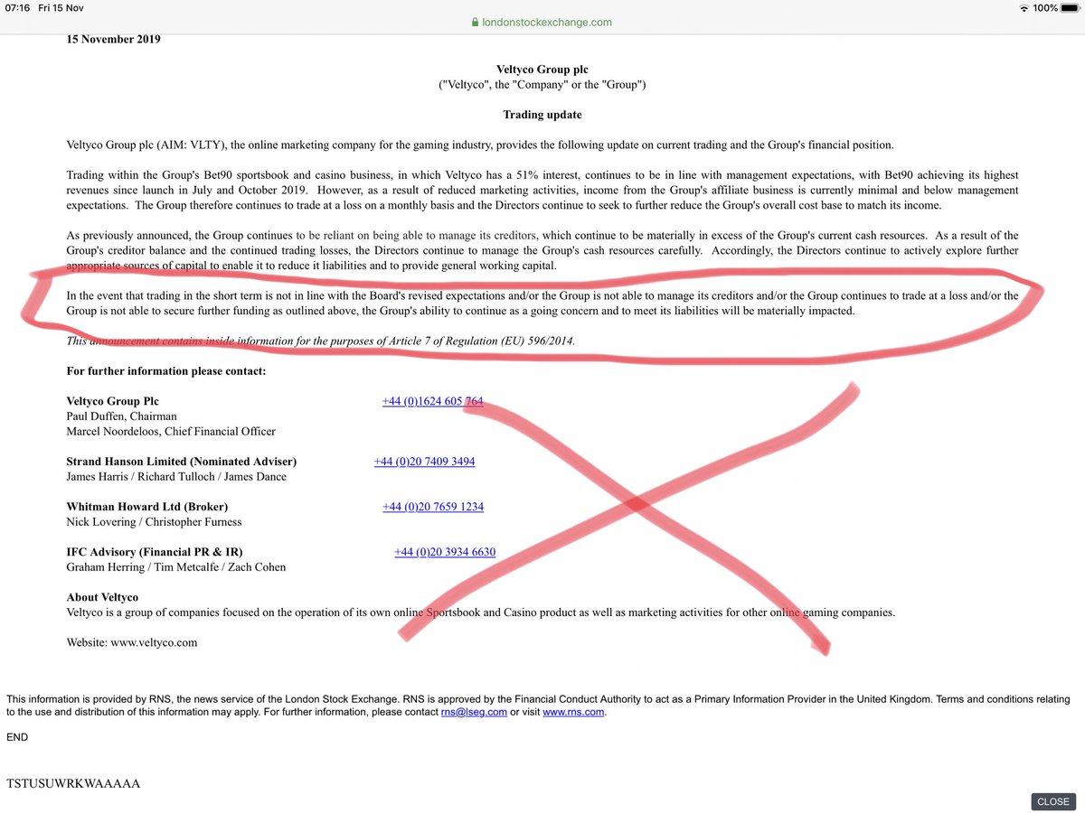 rhomboid1MF's tweet photo. #VLTY
Can anyone recall any business having to issue an RNS like this👇...& then not going bust🤔 https://t.co/g4Pp5e2Oed