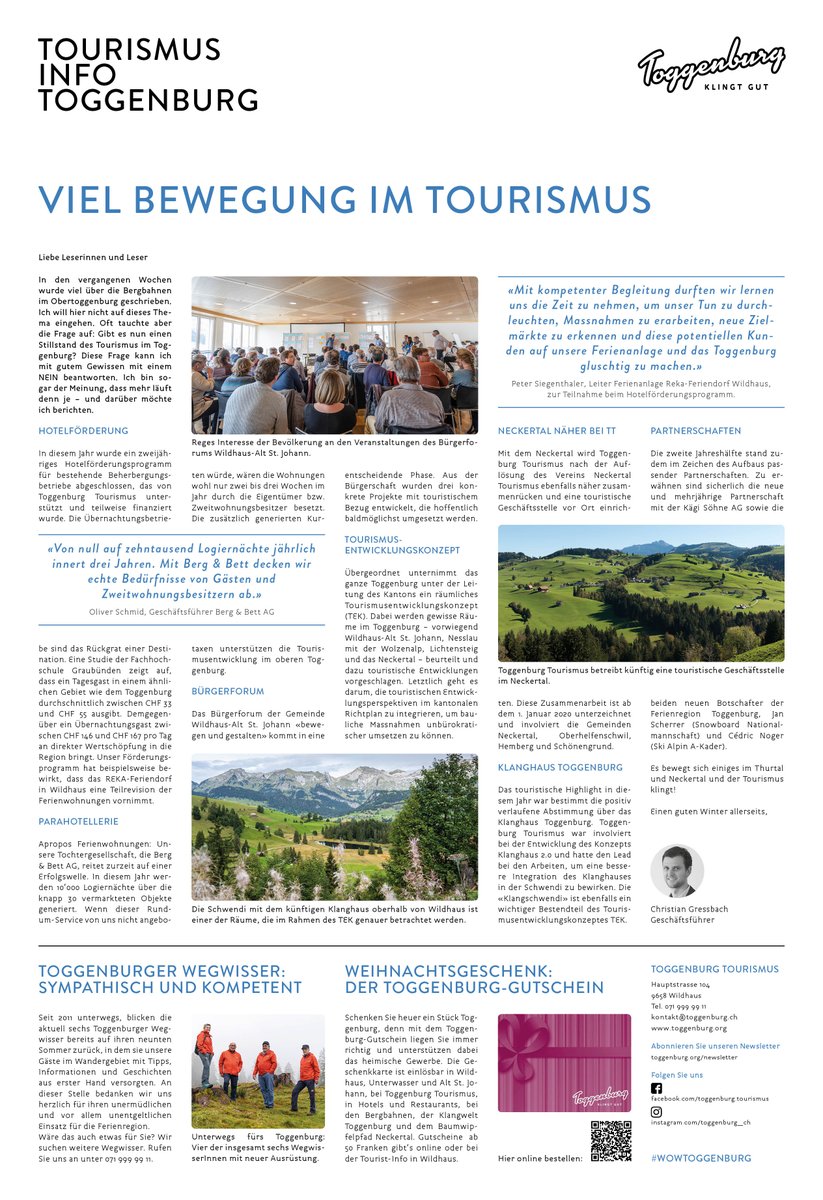 VIEL BEWEGUNG IM TOURISMUS

Unser Beitrag in der gestrigen Ausgabe des Toggenburger Tagblattes zeigt auf, dass auch hinter den Kulissen sehr viel los ist und auf vielen Ebenen strategisch an der Zukunft der Ferienregion Toggenburg gearbeitet wird.

#wowtoggenburg #klingtgut