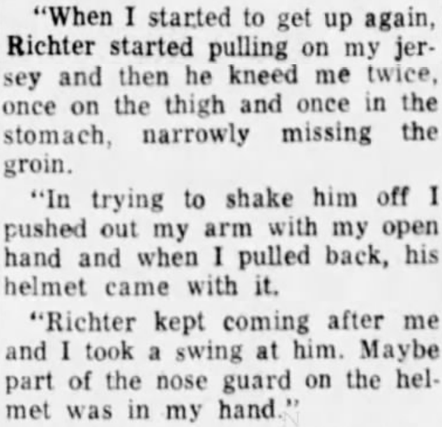 SportsOfYore's tweet photo. @dandalyonsports Joyce apparently claimed the fact that he hit Richter with the helmet was an accident--he intended to *only* punch him with his fist. Joyce also alleged that Richter was trying to injure him "to get [him] out of the game."  

Per the Coshocton Tribune (Ohio) on Dec 8, 1954: https://t.co/ZIbBtc5Vk0