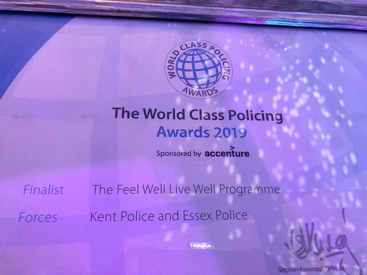 A fab evening at the World Class Policing Awards. Kent & Essex had 6 finalists, incl Police Wellbeing programme, Feel Well Live Well - a huge accolade to the counsellors who devised the courses Well done 2 Devon & Cornwall who are such worthy winners overall👏 #WorldClassPolicing