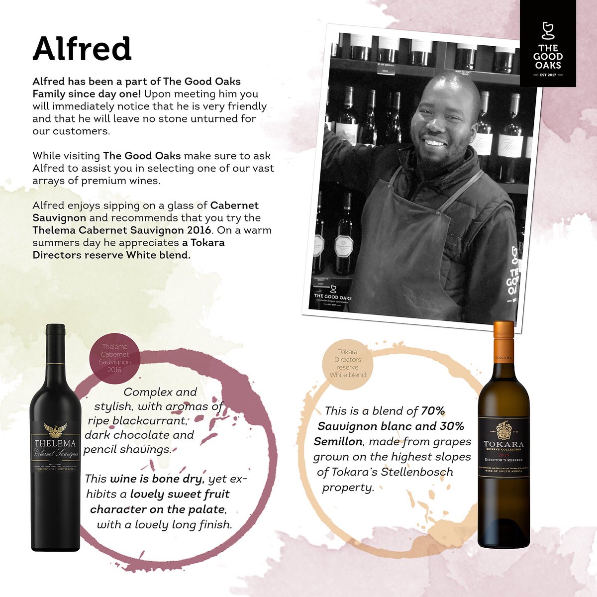 Meet the Oaks that make it Good, and see what their recommendations are.  🍷🍷

Introducing Alfred... #thegoodoaks #meettheteam #finewine #wine #winetime #wineoclock #pretoriaeast