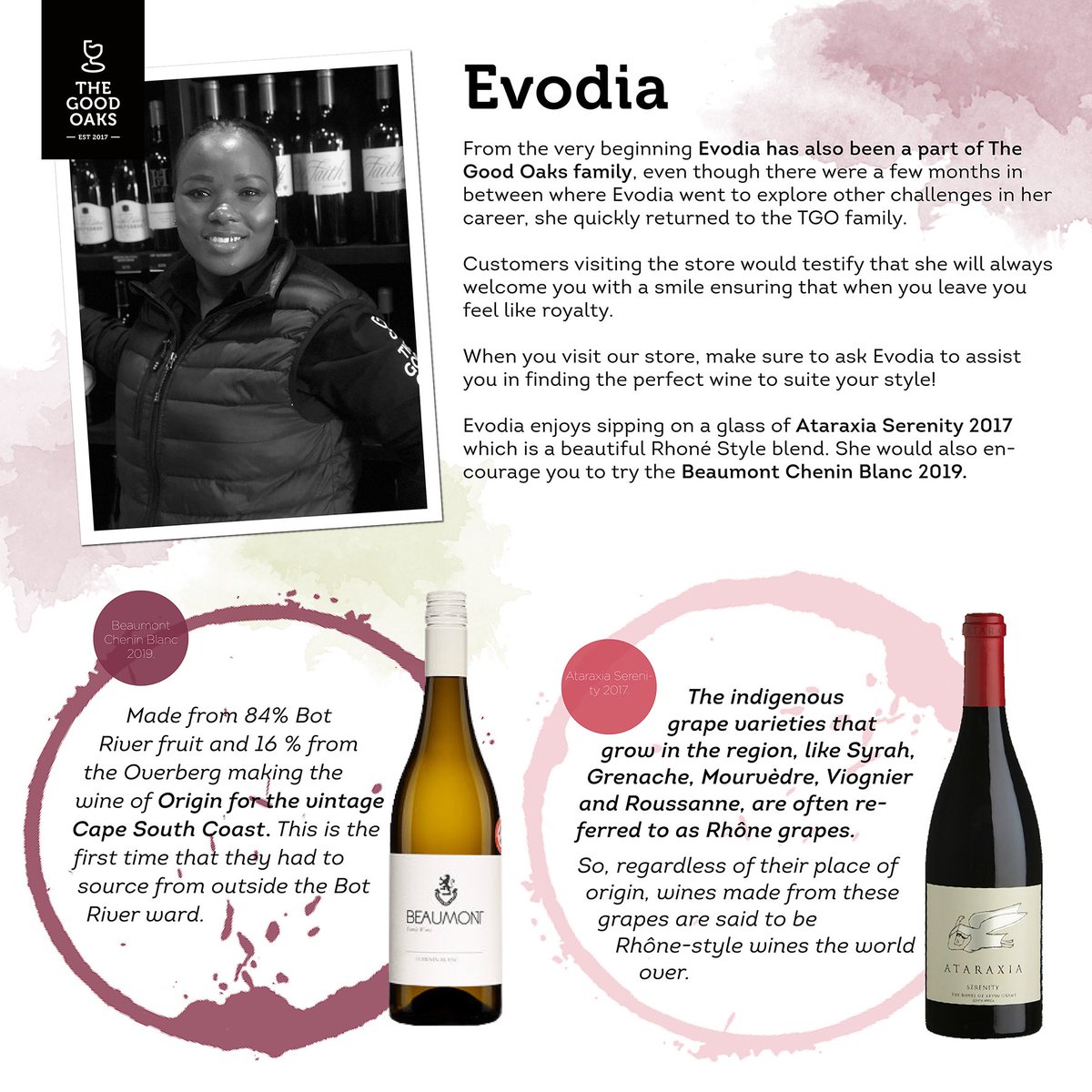 Meet the Oaks that make it Good, and see what their recommendations are. 🍷🍷

Introducing Evodia... #thegoodoaks #meettheteam #finewine #wine #winetime #wineoclock #pretoriaeast