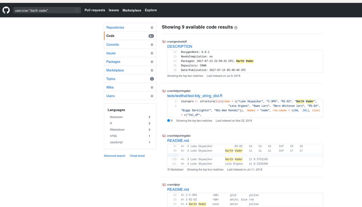 fluryro's tweet photo. search/grep the source code of all #rstats packages on CRAN using its mirror on https://t.co/EQ4a9LBmkI with user:cran and your search pattern! (I learned this from an answer on the r-package-devel mailing list by @eddelbuettel, thanks!) https://t.co/uOKPz4HjpD