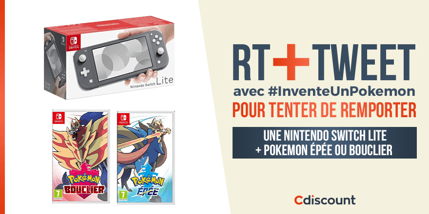 Cdiscount's tweet image. 🎁 #Concours

Aujourd'hui sort Pokemon Épée et Pokemon Bouclier
➡️bit.ly/2O7VSNm

⚡️Pour tenter de remporter une Switch Lite + la version de votre choix, RT + TWEET avec #InventeUnPokemon en nous le décrivant !

⏰ TAS le 21/11
Règlement : bit.ly/2NQVbJz