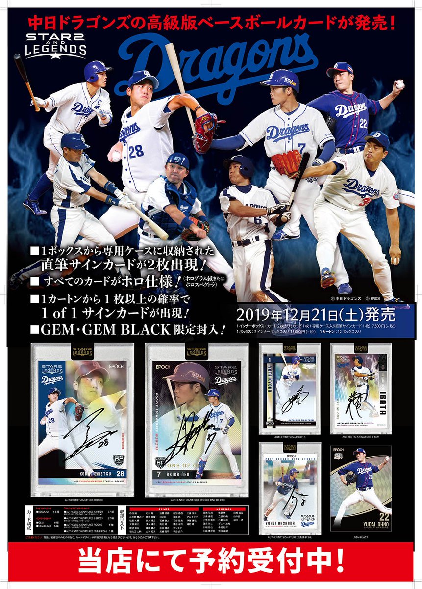 エポック社トレーディングカード 公式 12月21日発売予定 19中日ドラゴンズ Stars Legends プレミアムカード のポスター画像をご案内いたします 現役選手とレジェンドを収録 すべてのカードがホロ仕様 1of1のカードも多数収録しています 中日