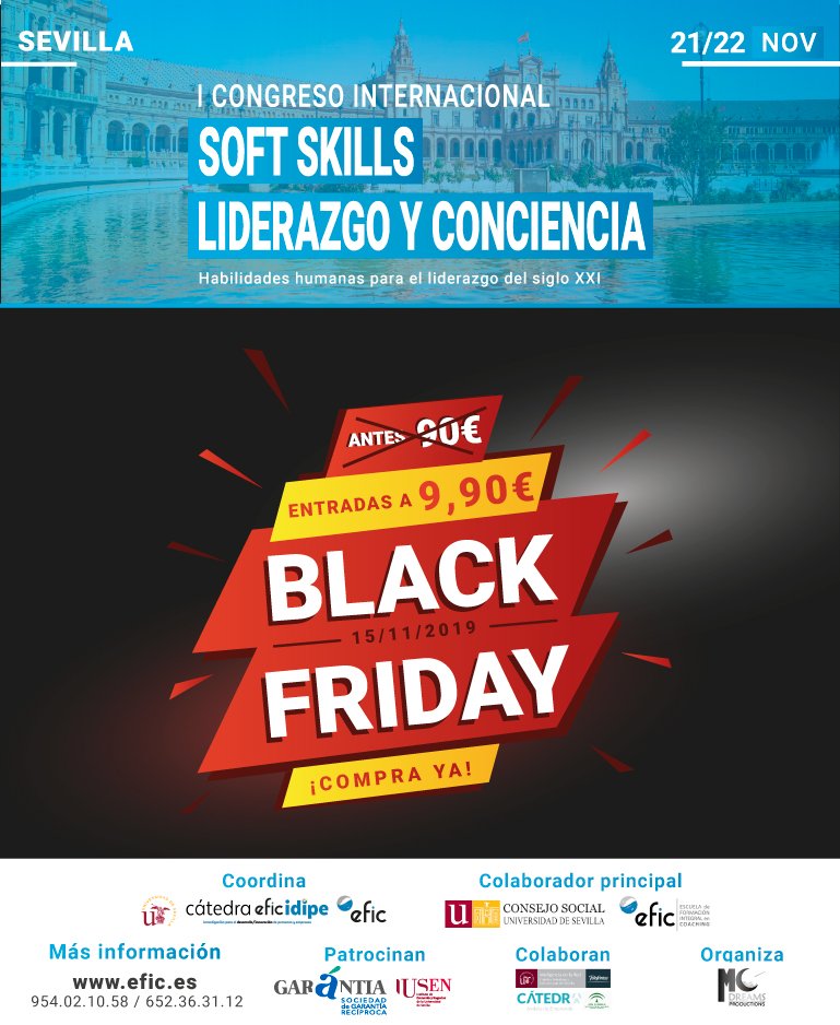 ‼️ AHORA SÍ...SÓLO HOY‼️
🔊🔊 El Black Friday de la Cátedra Efic-iDIPE ha comenzado 😲 ‼️

👉 Entradas del I CONGRESO SOFT SKILLS, LIDERAZGO Y CONCIENCIA en #Sevilla a tan solo 🔥 9,90€ 🔥 (antes 90€) durante 24h!!.
lnkd.in/ggqtrcH

No dejes pasar esta gran oportunidad