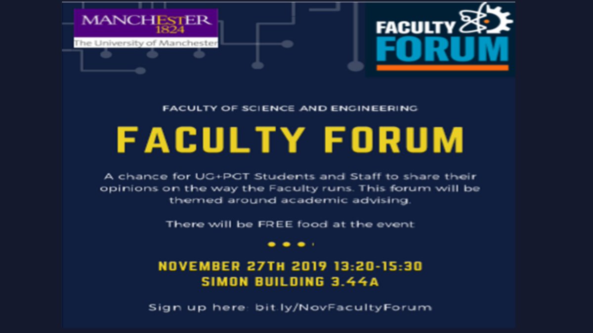 Hi all, 
Please note and attend if you can as it is really important that your feedback and thoughts are listened to and counted! #FacultyForum #studentvoice 
<a href="/UoMSciEng/">UoM Science and Engineering</a> <a href="/csmcr/">Computer Science @ The University of Manchester</a> <a href="/UoM_EES/">Earth Sciences at the University of Manchester</a> <a href="/UoMSEAES/">UoM SEAES</a> <a href="/UoM_MACE/">Department of MACE</a> <a href="/UoM_EEE/">Electrical & Electronic Engineering at UoM</a> <a href="/UoMMaterials/">UoM Materials</a> @UoM_SOSS <a href="/CSSoc/">CSSoc</a> @ManUniMaths @ChemEngManUni