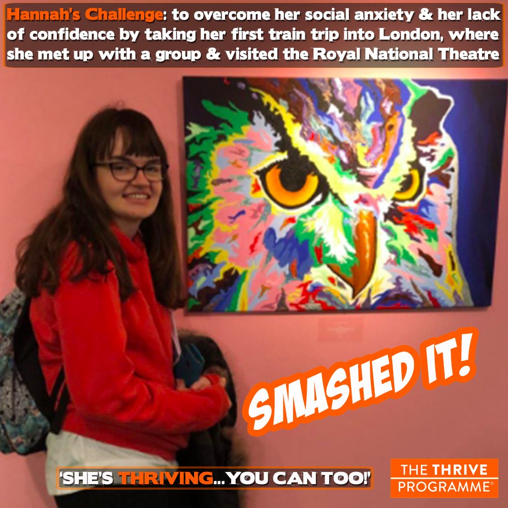 thriveprogramme's tweet photo. Hannah had extreme #socialanxiety and lack of confidence and underwent @thriveprogramme  prior to going to university. She had never been on a train into London on her own and here she is on a trip visiting the RNT in London. A fabulous achievement #smashedit #loveyourlife https://t.co/EnGmAHdds1