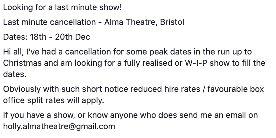 LCMPerfArtsAlum's tweet image. If any of you have a show or a work-in-progress show, get in touch (details in the photo)!
