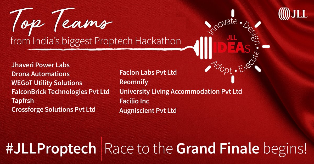 JLLIndia's tweet photo. Unveiling the top winning teams from India’s biggest Proptech Hackathon – JLL IDEAs, which we hosted on Nov 22nd in Gurgaon & Bengaluru. Heartiest Congratulations to the winning teams who displayed breakthrough innovations in Real Estate Technology. #JLLProptech #technology https://t.co/SjTyKJuX71