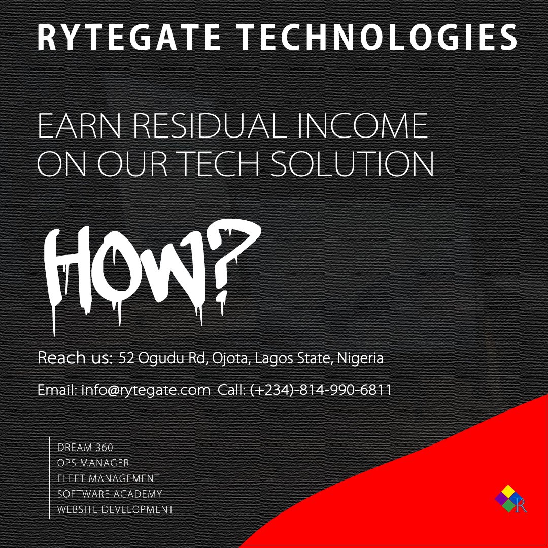RyteGate's tweet image. Here’s an opportunity to earn residual income on our tech solution as a business partner. Our products include: DREAM 360, OPS MANAGER, FLEET MANAGEMENT, SOFTWARE ACADEMY & WEBSITE DEVELOPMENT.
Kindly call (+234)-903-209-5609, (+234)-814-990-6811.
#techincome #FridayMotivation