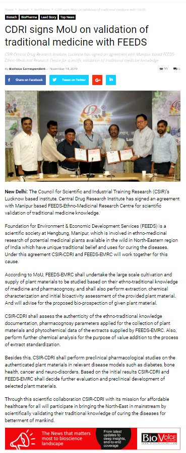 CSIR_CDRI's tweet photo. @CSIR_CDRI #Lucknow and #FEEDS-#Ethno_Medicinal_Research_Centre Signed #MoU for #ScientificValidation of #TraditionalKnowledge 
Glimpses of Media coverage:
@CSIR_IND @IndiaDST @DBTIndia @ICMRDELHI @drharshvardhan @RenuSwarup @PrinSciAdvGoI @moayush @MoHFW_INDIA https://t.co/tv7bcHBSMn