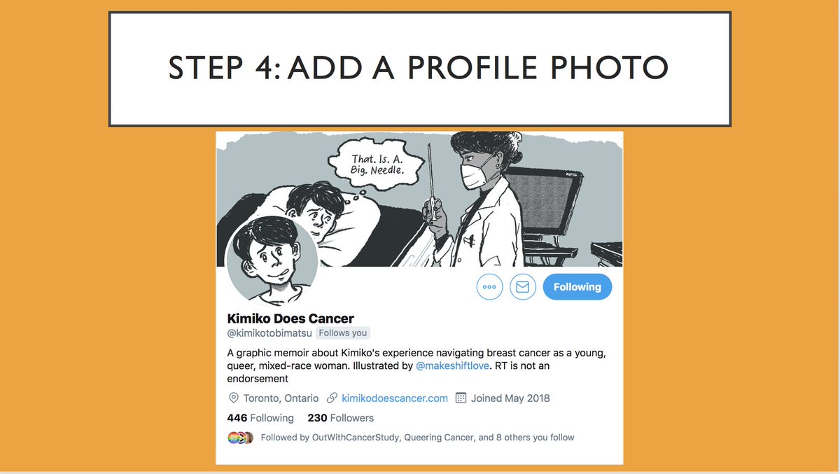 13/ Without a profile pic, your acct may be ignored/blocked, so adding a profile photo is a good idea. BUT  #facialrecognition is pretty evil so it doesn't have to be an *actual* photo of your face! Check out  @kimikotobimatsu whose account is all illustrated.   #LGBTQHealthSummit