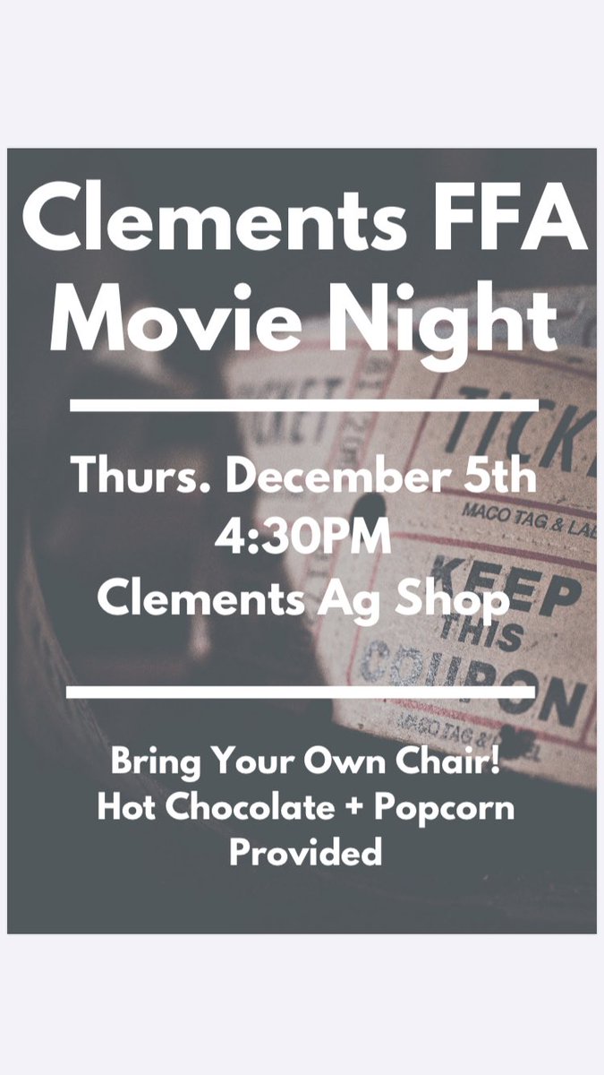ClementsFFA's tweet image. Hey y’all!! We are having a winter social in the Ag shop on December 5th and our Holiday party is December 12th! Hope to see y’all there!