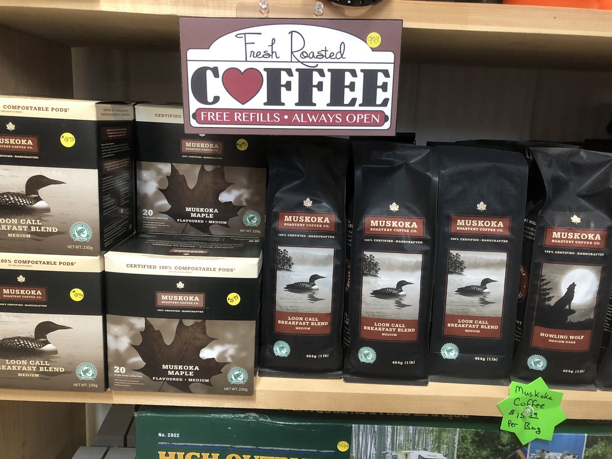A cold blustery day like today calls for a great cup of coffee. We are stocked with Muskoka Roastery coffee. Ground, beans and compostable pods. Come in for a great selection of coffee.