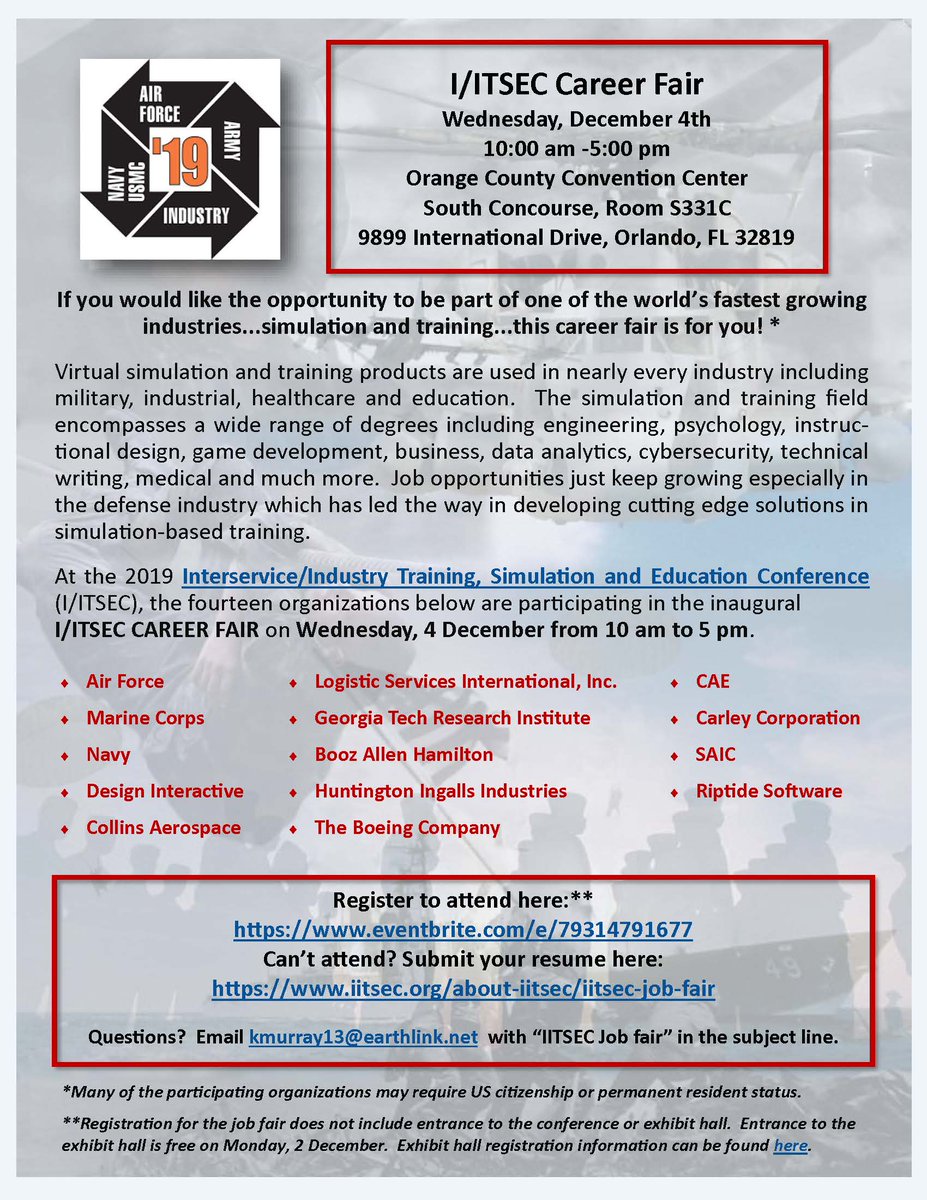 📣📣 Calling all emergency management students! Do you have an interest in training and simulation as well? Meet with organizations like the Navy, Boeing, Air Force, Marine Corps &amp; many more at the I/ITSEC Career Fair!

eventbrite.com/e/79314791677