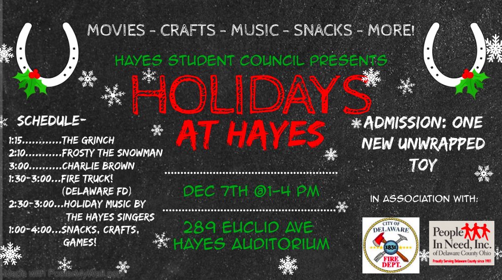 Join Hayes Student Council for an afternoon of fun for the whole family that supports a good cause! Watch holiday movies, listen to the Hayes Singers, visit with the Delaware FD, make crafts, eat snacks, and give back to our community! @DelawareOhioFD <a href="/DCS_Pacers/">DelawareCity Schools</a>