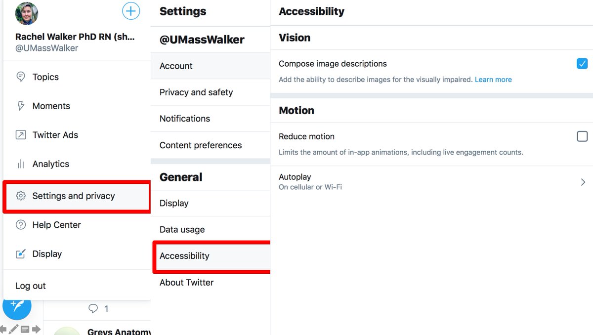 18/ And don't forget to remain  #ACCESSIBLE! One way is by making your images readable. You can do that by going to your Account, click on Settings, then choose "Accessibility". This will open a window where you can select "Compose Image Descriptions". Done!  #LGBTQHealthSummit